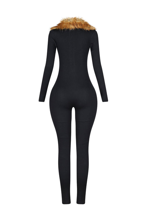 KS Power knit Jumpsuit With Fur Collar